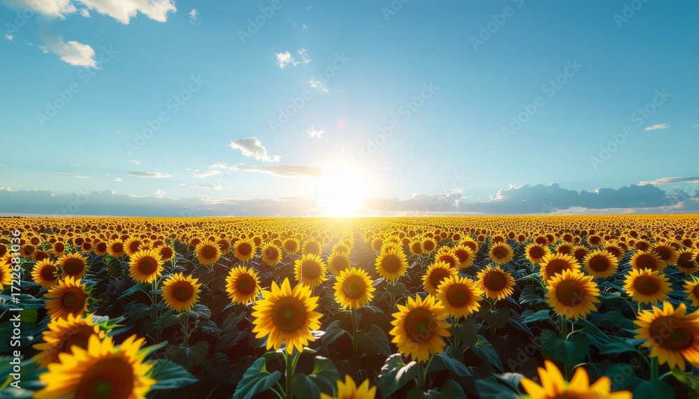 Obraz premium A sunflower field under a bright summer sky, hyper realistic photography
