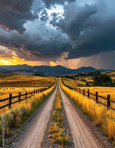 A dirt road stretches into a dramatic sunset