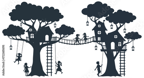 Dreamy childhood scene of kids playing in a magical treehouse with swings and a rope bridge inspires creativity and imagination for fun designs and joyful memories.