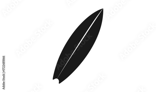 Simple black silhouette of a surfboard on a white background