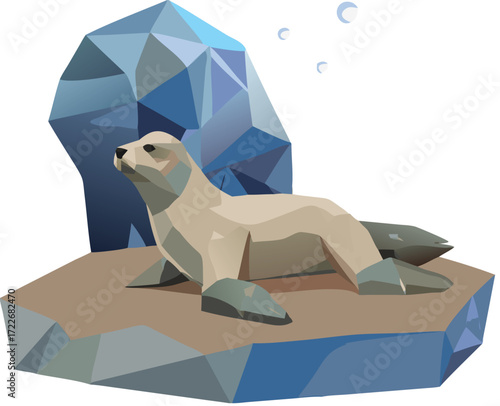 Low poly seal resting on coastal rocks