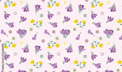 Seamless Floral Pattern with Purple and Yellow Flowers on pink Background
