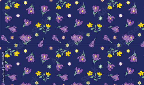 Hand-Drawn Seamless Floral Pattern with Purple and Yellow Flowers
