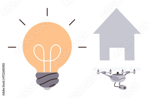 Light bulb emitting rays beside a surveillance quadcopter and house outline. Ideal for innovation, smart home, energy, security, creativity, future, automation themes. Simple flat metaphor