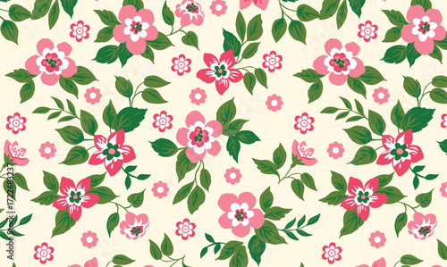 'Pink Floral Seamless Pattern with Green Leaves and cream background'