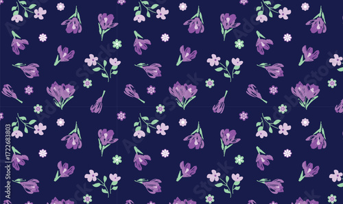 Hand-Drawn Seamless Floral Pattern with Purple and Yellow Flowers and navy background