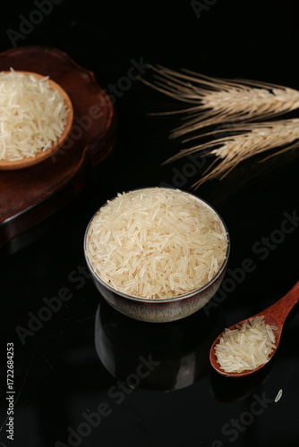 Long Grain Rice in Wooden Bowls with Wheat Stalks - Natural Agricultural Products