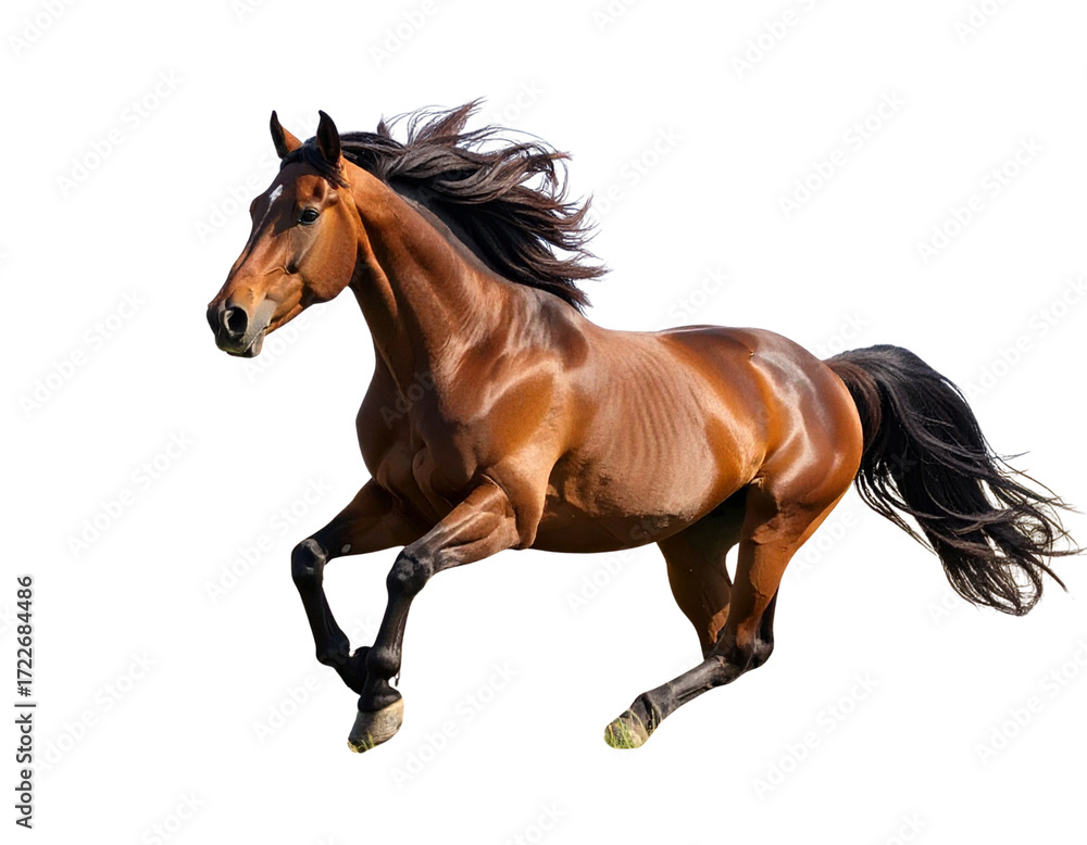 Obraz premium Realistic Brown Horse Galloping in Open Field, Wildlife Animal, isolated on transparent background PNG