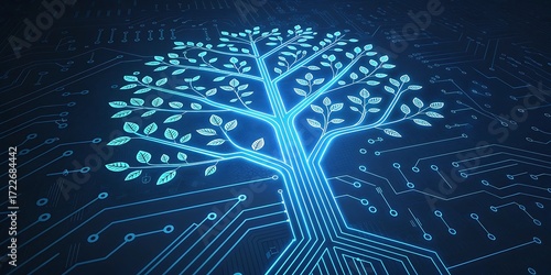 Digital tree of life formed by glowing blue circuit board lines and nodes, symbolizing growth and technology.