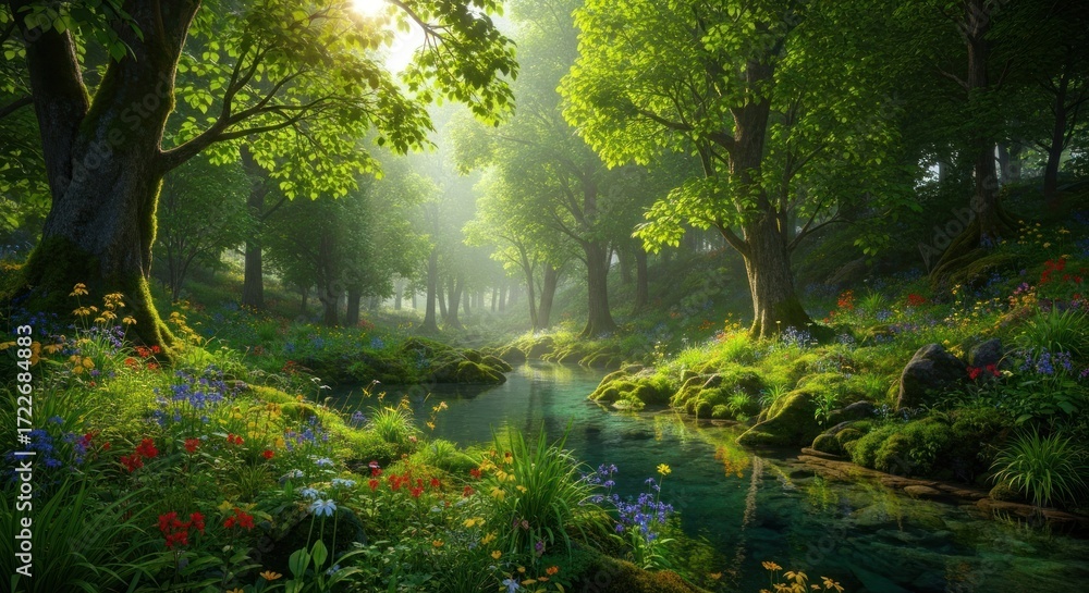 Obraz premium A serene forest scene with a stream flowing through a lush green landscape, illuminated by a soft, natural light.