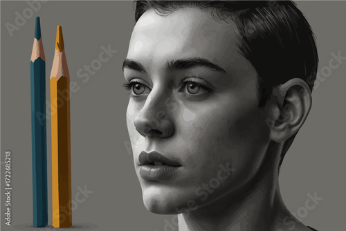 Realistic pencil art portrait of a young man with colored pencils concept