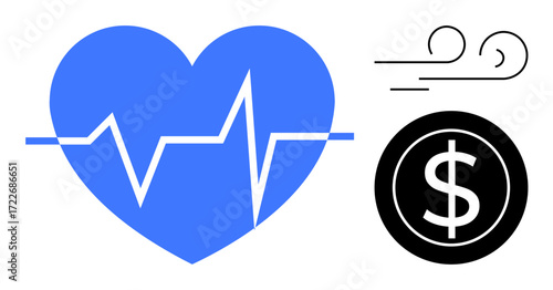 Blue heart with heartbeat line, black dollar sign in circle, and flowing wind lines. Ideal for finance, health, wellness, economy, balance lifestyle simplicity. Modern flat metaphor