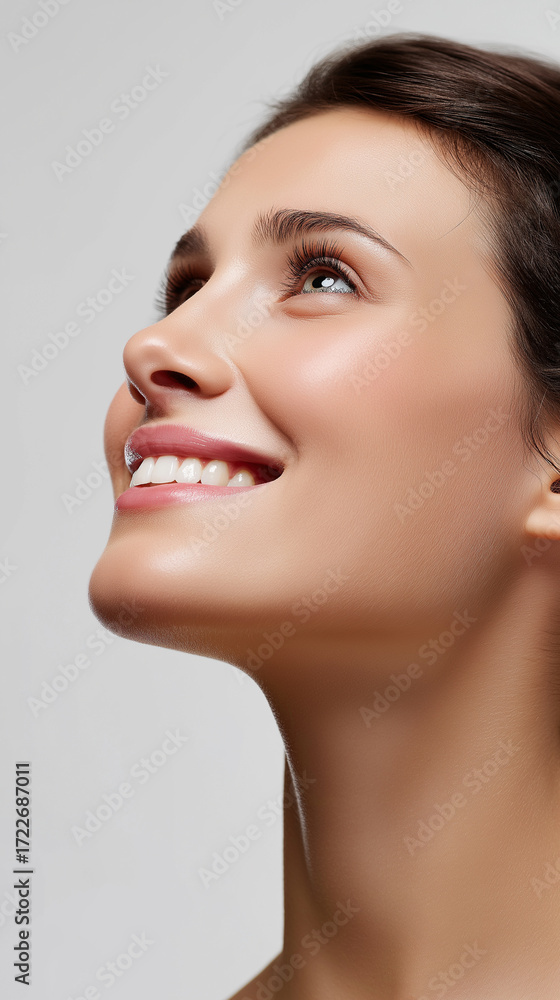 Obraz premium Smiling woman looking upwards with glowing natural skin. 
