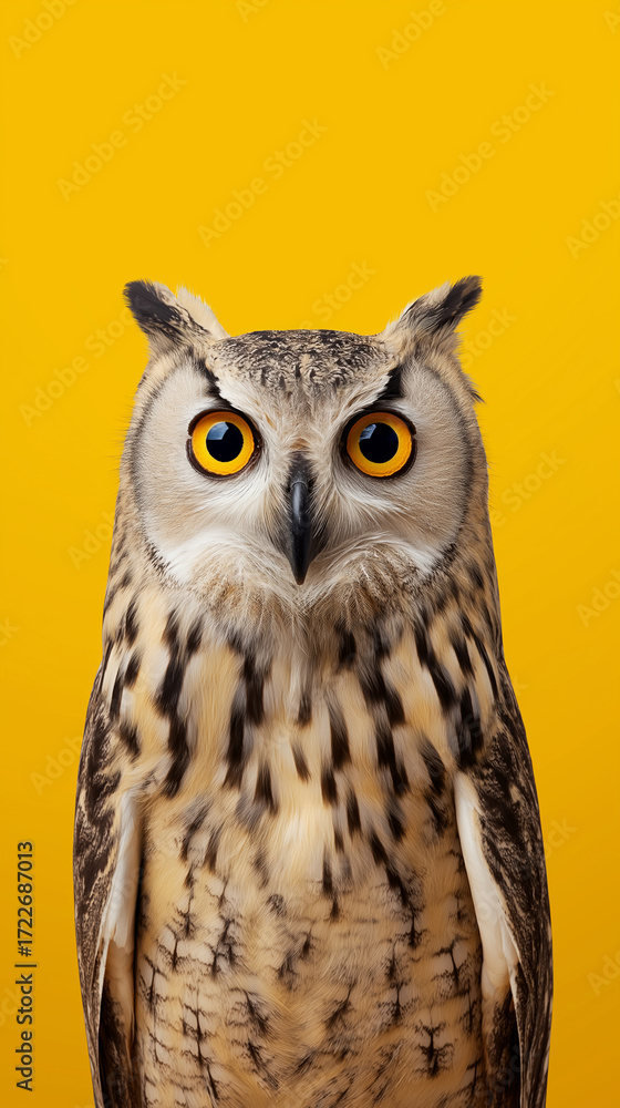 Obraz premium Close-up portrait of an owl with bright yellow eyes on solid yellow background. 