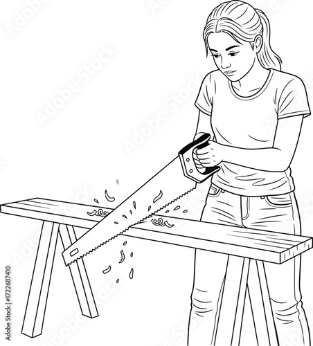 Black and white line art illustration of a woman sawing a wooden plank on sawhorses.
