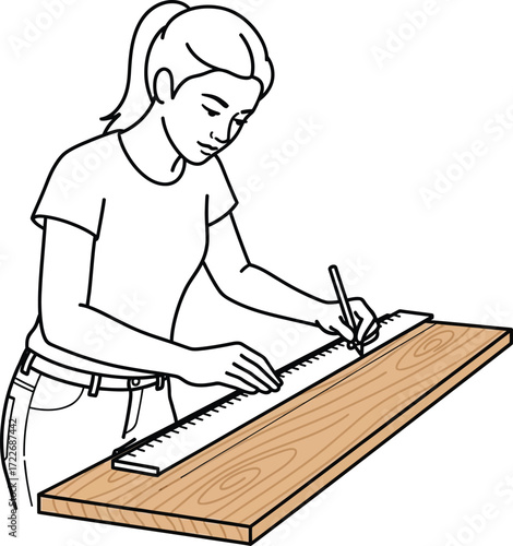 Illustration of a woman drawing a line on a piece of wood with a ruler and pencil.