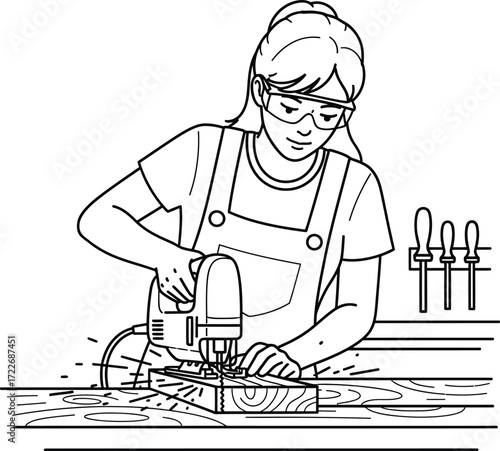 A woman uses a jigsaw to cut a piece of wood.