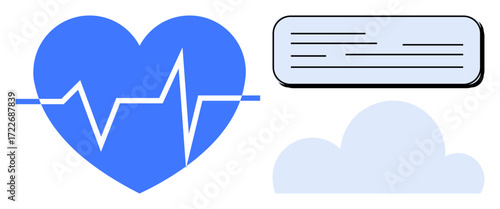 Blue heart with heartbeat line, air conditioner, and cloud representing health, comfort, air quality, and connection. Ideal for healthcare, wellness, climate energy relaxation and clean air