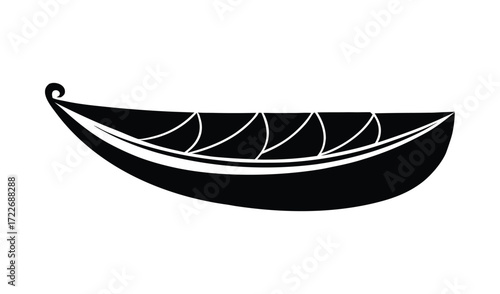 Stylized black silhouette of a viking longship with sails