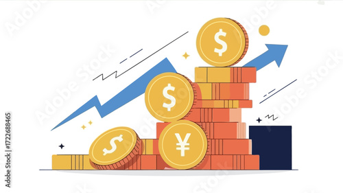 Displaying financial success through stacking gold coins illustrating growth with simple graphic and