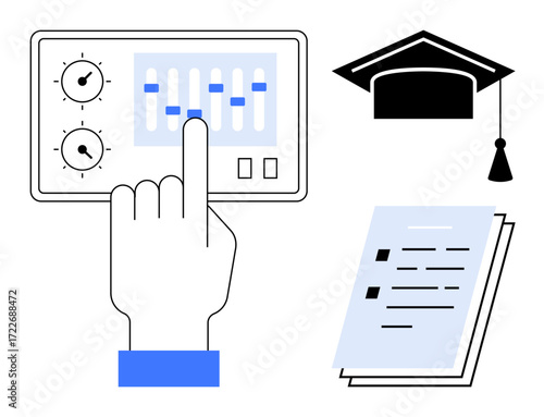 Hand interacting with a control panel and toggles, graduation cap, and stack of papers. Ideal for education, success, achievement, career, learning goal-setting self-development. Simple flat