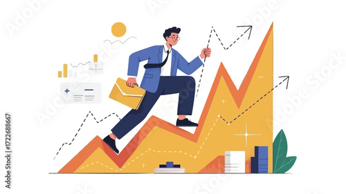 Determined businessman climbing an upward trending chart towards success with his briefcase against