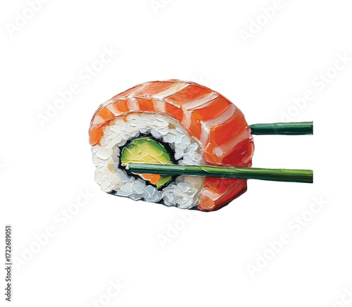 Delicious sushi roll held by chopsticks offers a tasty bite of Japanese cuisine, perfect for restaurant menus or food blogs with artistic flair