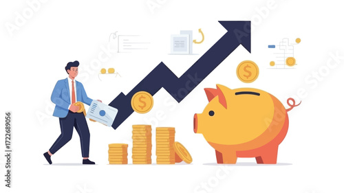 Building wealth a man investing coins to a piggy bank for smart financial growth against a rising