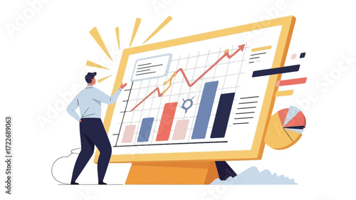 Analyzing data trends and growth with rising graphs for business success in a minimalist vector