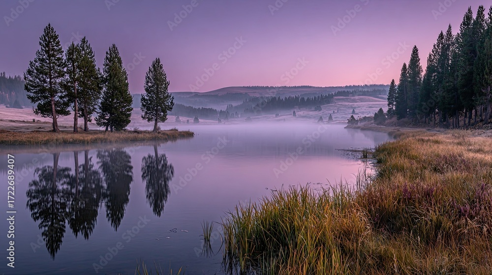 Fototapeta premium Misty morning lake reflects trees