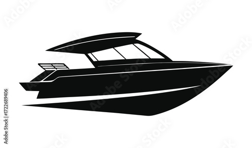 Sleek black speedboat silhouette with canopy and windshield