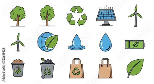 Eco-friendly and Sustainability Icons Set - Green Energy, Recycling, Nature and Environment