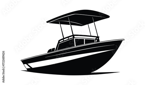 Black and white illustration of a modern center console boat with a canopy