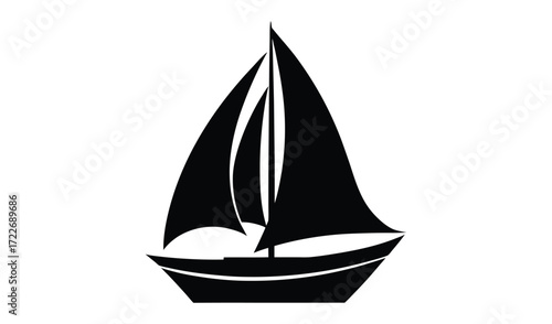 Black silhouette of a sailboat with full sails on white background
