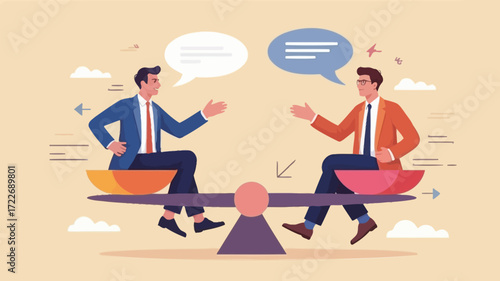 Balanced discussion between two businessmen on a seesaw representing negotiation and communication