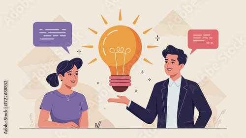 A bright idea shared by a smiling man in a suit explaining innovation to a woman with clean vector
