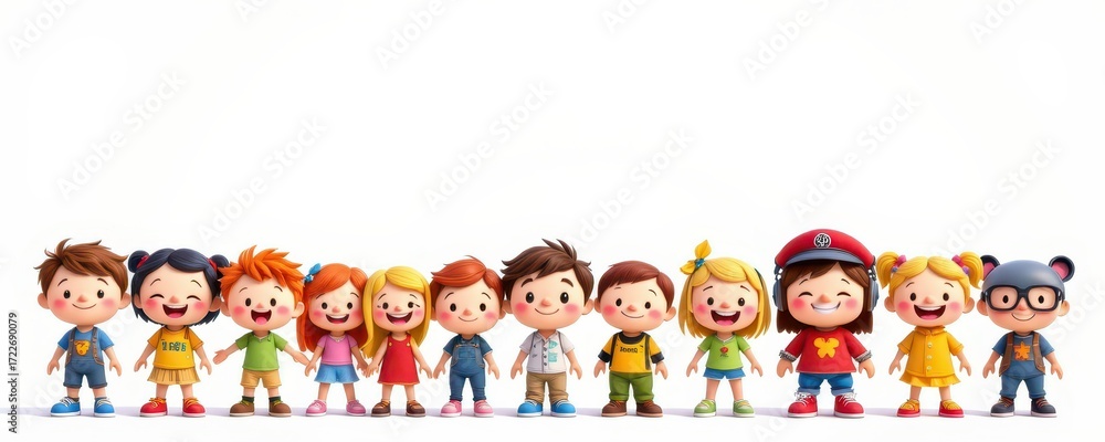 custom made wallpaper toronto digitalGroup of cartoon-style children holding hands and smiling, each with unique outfits and accessories, set against a clean white background.