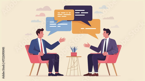 Two professionals in a lively business dialogue with expressive speech bubbles and pastel color