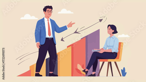 Guiding mentor explains growth strategies to a seated coworker amidst rising bar graphs with flat