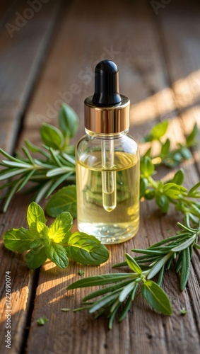 Natural Herbal Essential Oil:  Glass Bottle, Dropper, Rosemary, Mint, Wooden Background, Warm Light