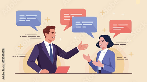 Engaging business discussion with vibrant speech bubbles in a flat vector design with a clean pastel