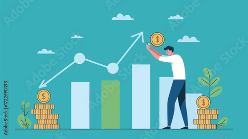 Building Financial Success A man guides rising profits showing investment and growth in a teal