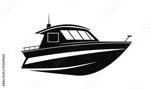 Sleek black silhouette of a modern motor yacht on white background