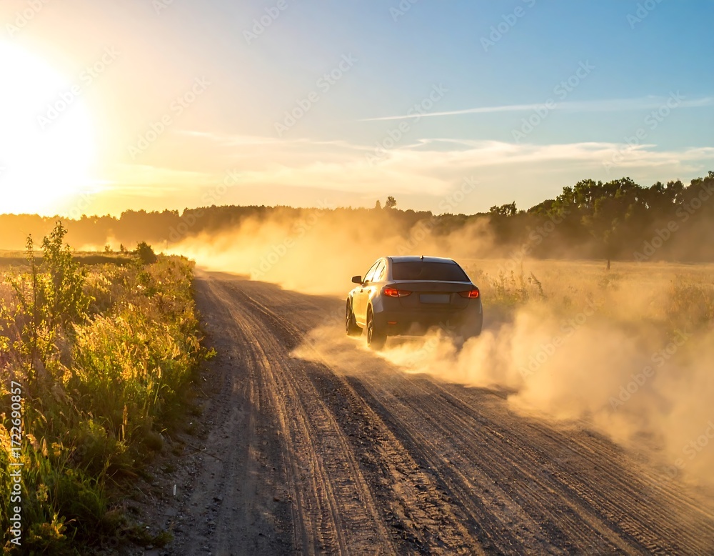 Fototapeta premium Car on dusty country road at sunset