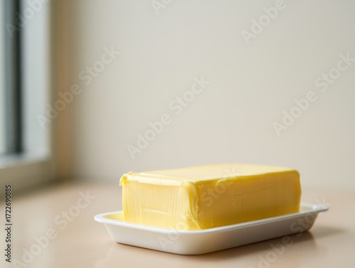 Fresh Stick of Butter in White Dish on Kitchen Counter, Soft Light, Minimalist Style
