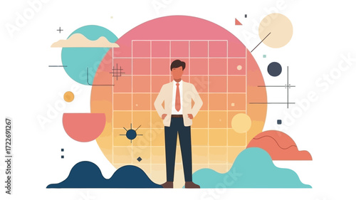 A confident leader poised for success stands firm against a vibrant and geometric abstract backdrop