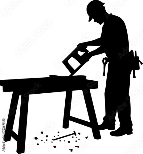 Silhouette carpenter in action black color only full body