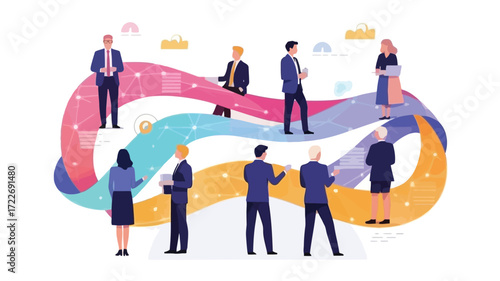 Diverse business team collaborates across a vibrant digital network to fuel innovation on white