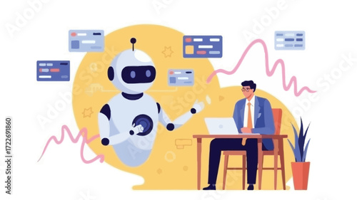 AI and human collaborate in future workplace for data analysis with a laptop and a robot pastel hues