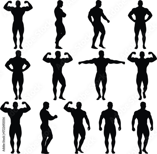 Twelve simple, solid black silhouette figures of muscular men.eps
